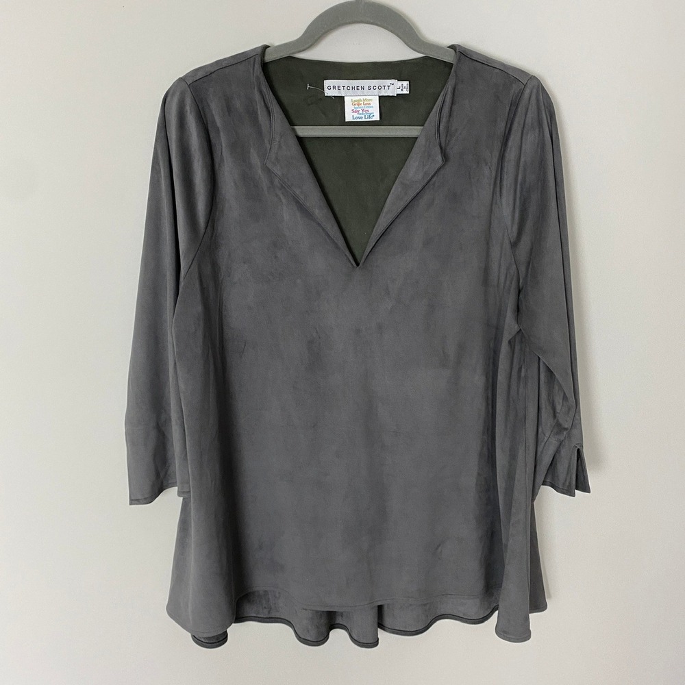 Gretchen Scott Faux Suede Velvet Top Womens Large Grey Minimalist Capsule Blouse
